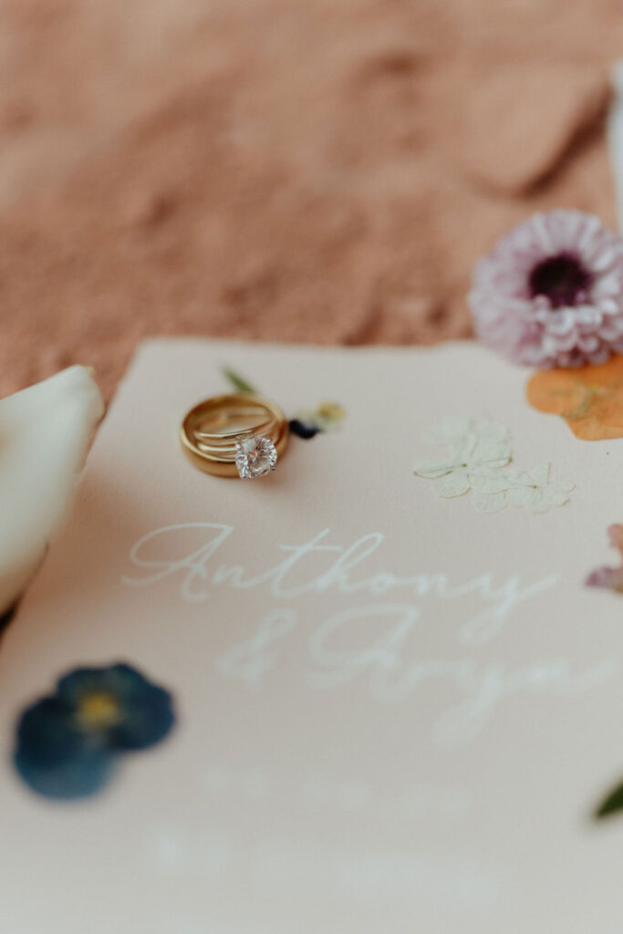 Unveiling the Ultimate Garden Party Wedding: Your Dream Day Blossoms Here! Wedding ring on top of stationery with florals 