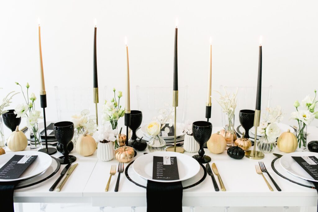 Black white and gold tablescape for Hallween 