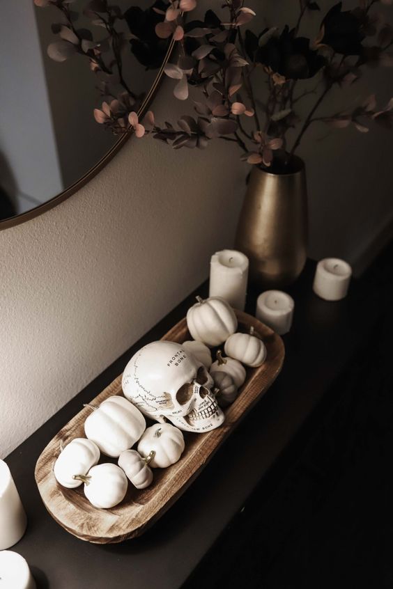 White pumpkins with skull for Halloween Decor