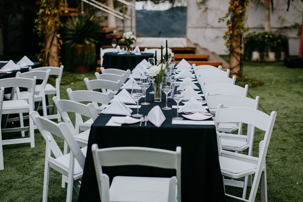 Black and white wedding reception tablescape