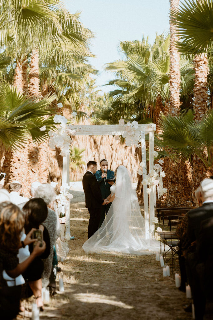 Bride and Groom having ceremony under chuppah in palm tree oasis 