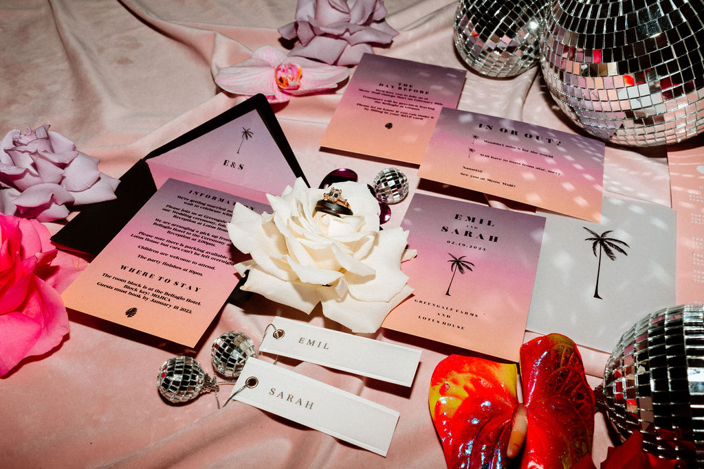 Flat lay for colorful disco wedding 