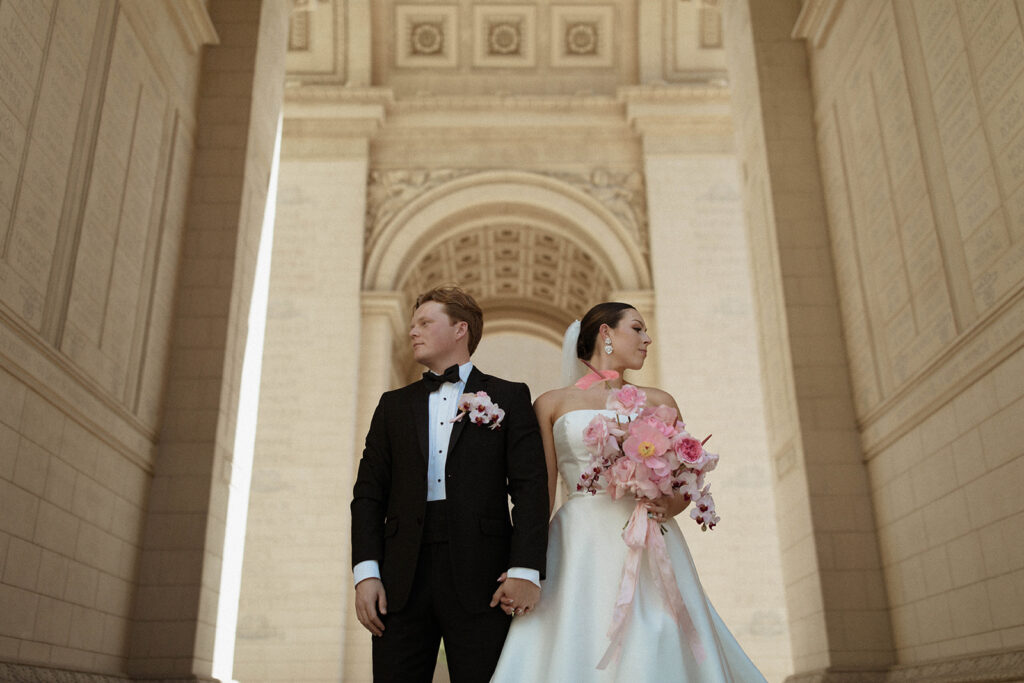 Bride and groom at Paris Las Vegas after first look 