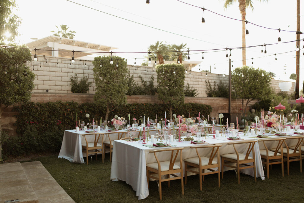 Spring 2024 Wedding Trend: Maximalism. Reception set up at Midcentury Manor in Las Vegas 