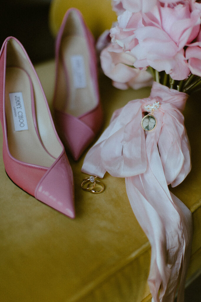 Bridal shoes and bouquet  with rings 