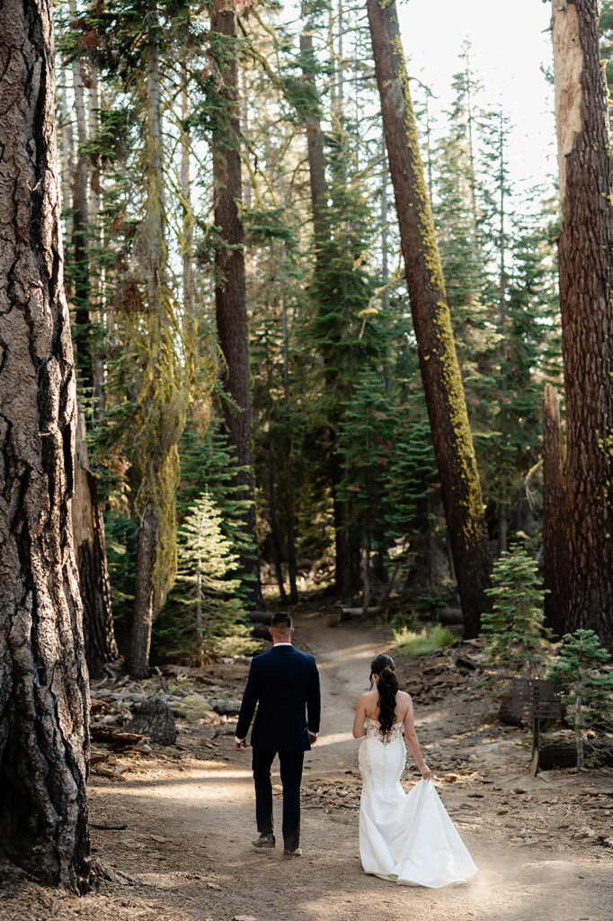 Bride and groom walking through forest 