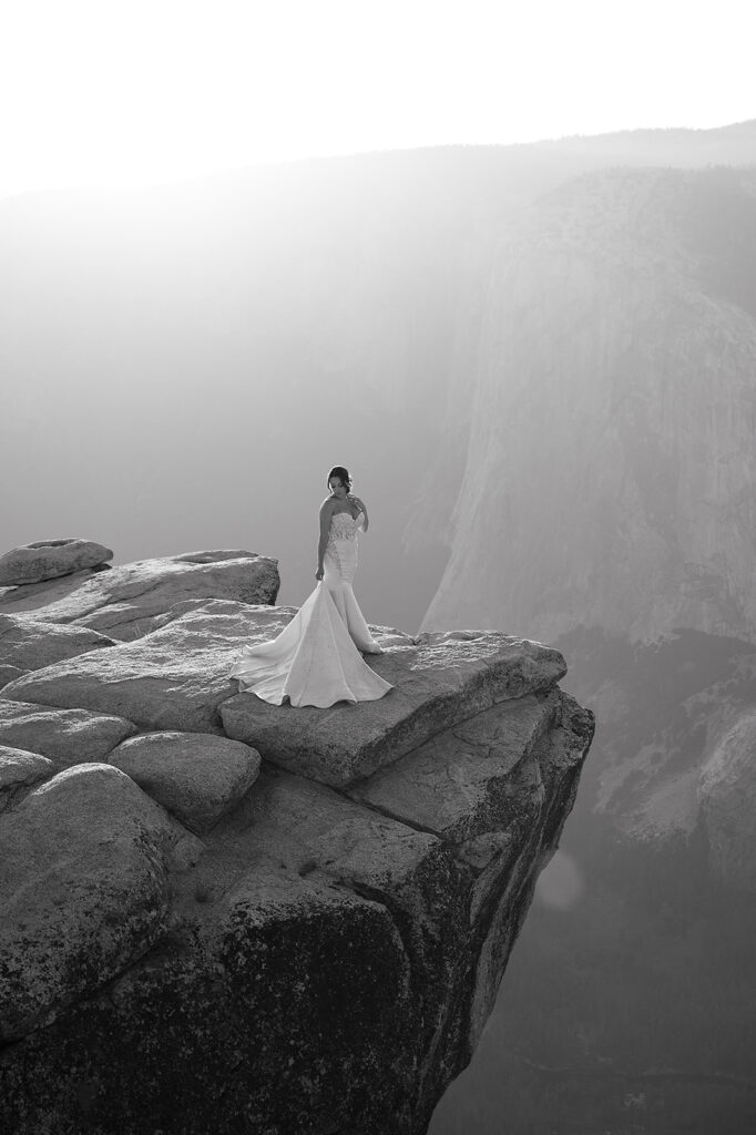 Bride on Yosemite cliffside 