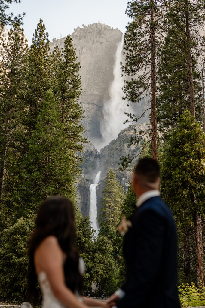 Newlyweds looking at waterfall 