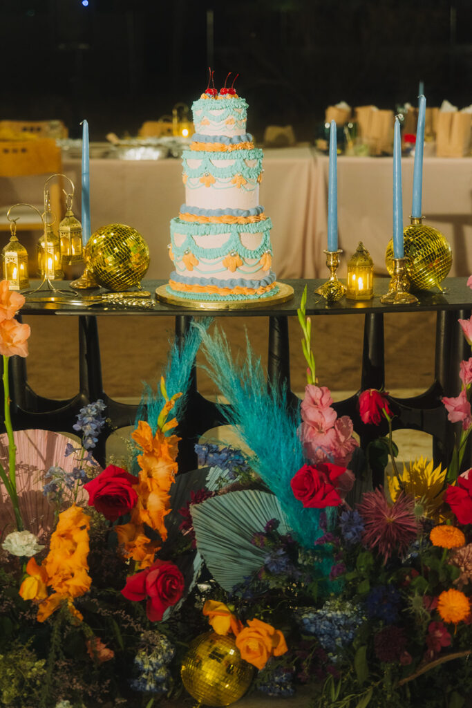 Lexi & Jacob Joshua Tree Wedding a Bright and Bold Cake Table with Gold Elements