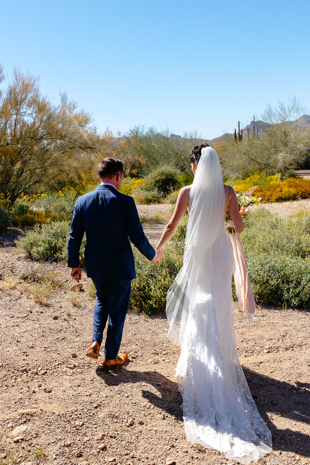 A bride in a white dress and veil walks hand-in-hand with a groom in a blue suit through a desert landscape during daytime.