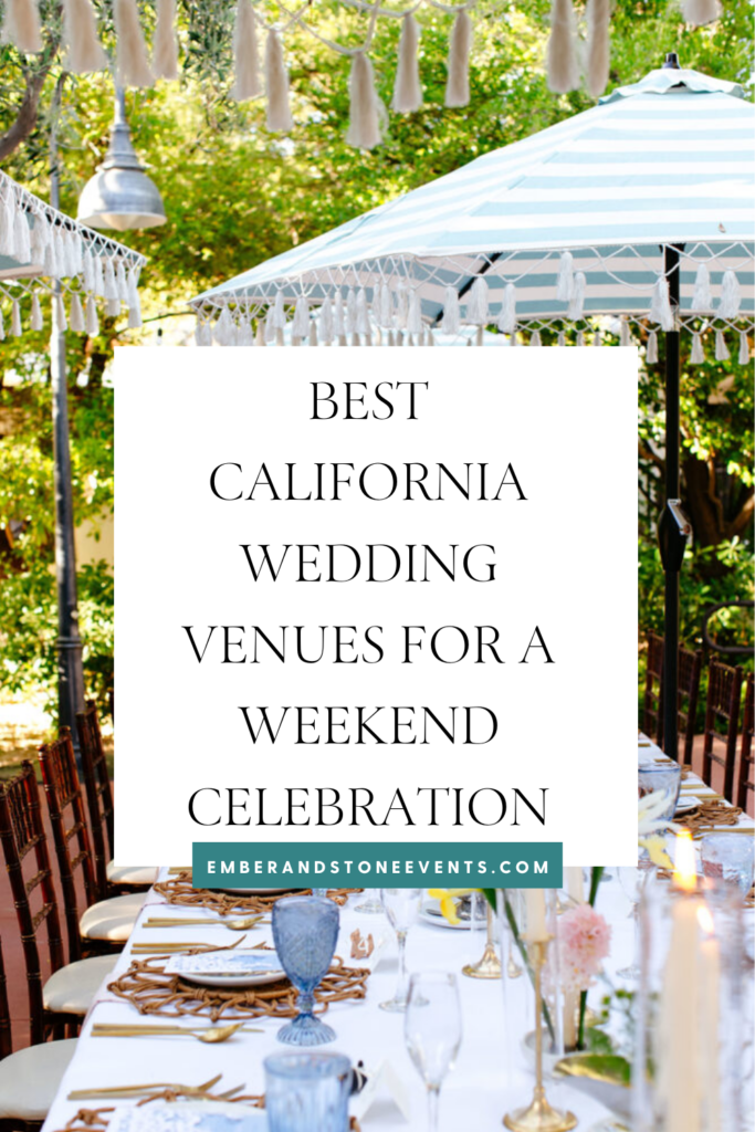 A sign reads "Best California Wedding Venues for a Weekend Celebration" with an outdoor setup of tables and chairs under umbrellas and greenery in the background.