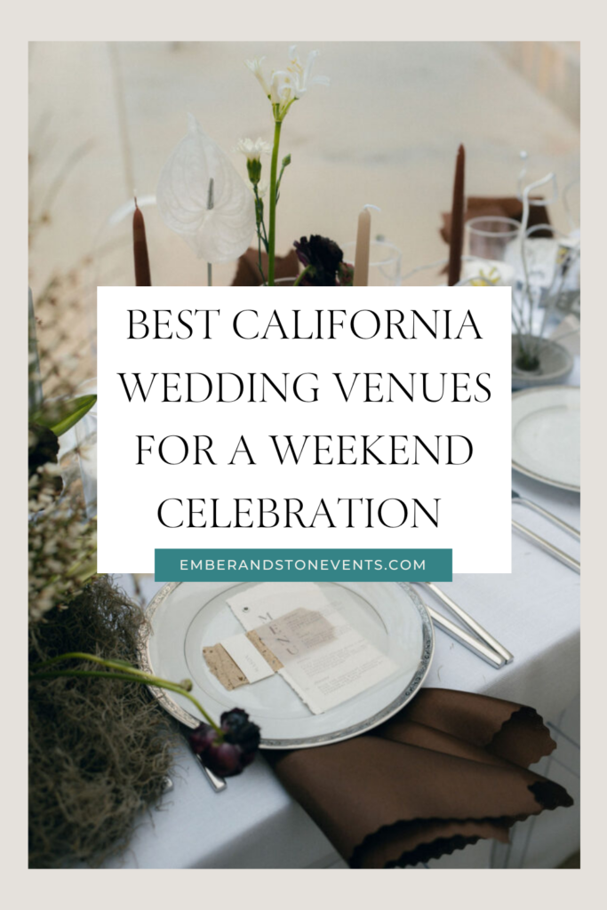 A sign reads "Best California Wedding Venues for a Weekend Celebration" with an outdoor setup of tables and chairs under umbrellas and greenery in the background.