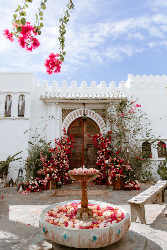 outdoor colorful wedding reception space at Korakia Pensione in Palm Springs