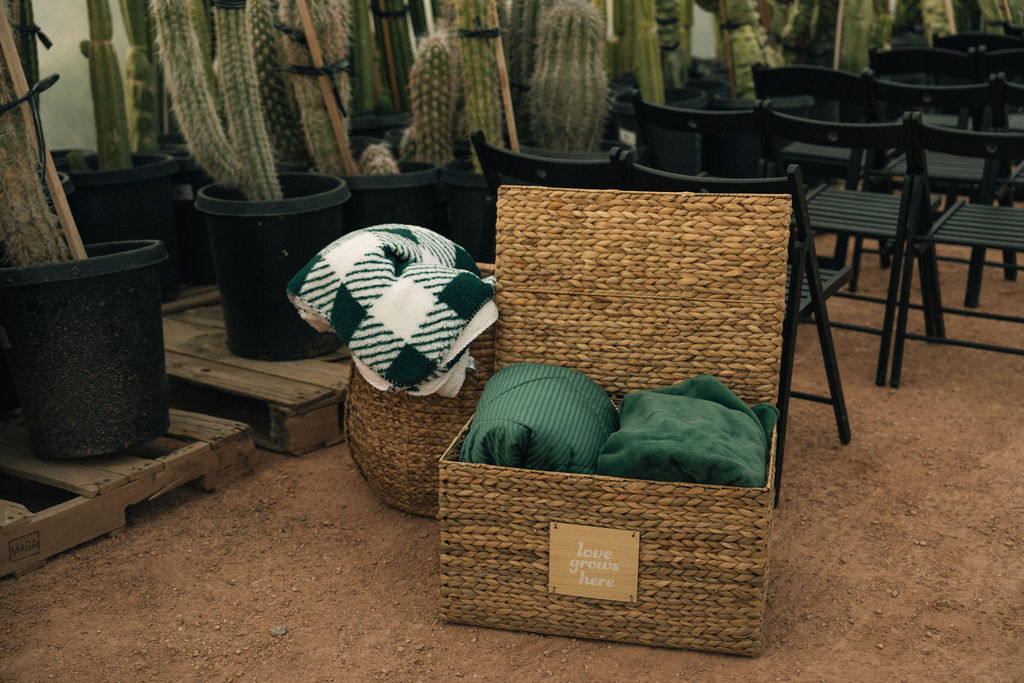 A greenhouse with rows of cacti on the left, black chairs arranged in the center, and woven baskets with green and white blankets in the foreground at Cactus Joe's