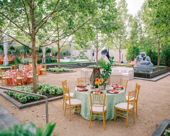 Columbus Museum of Art, Colorful tables set within the garden surrounded by statues, Columbus Wedding Venue, East Coast Wedding Venue, Ohio Wedding, Ohio Wedding Planner 