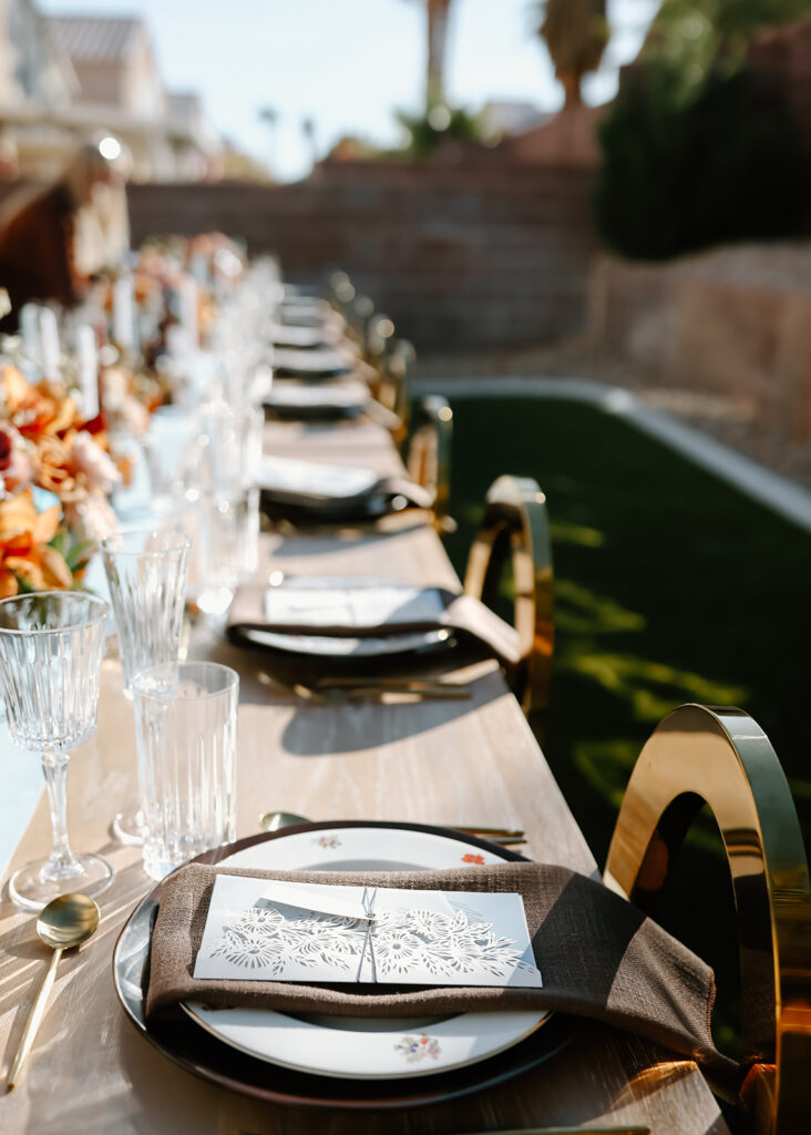 Ember and Stone, Thanksgiving tablescape, Decor, Palm tree, Outside celebration, Glassware, Menu