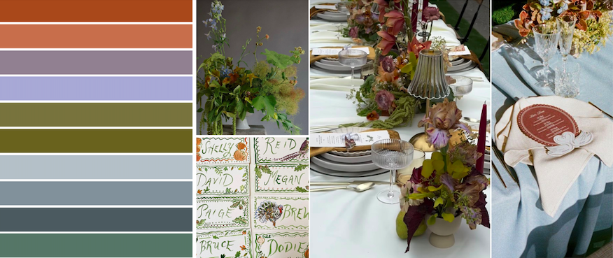 Color Palette, Florals, Tablescape, Decor, Designs of Modern, Textural, Trendy, and Handwritten, Tones of Olive Green, Dusty Blue, Muted Purples, and Soft Neutrals, Ember and Stone Events
