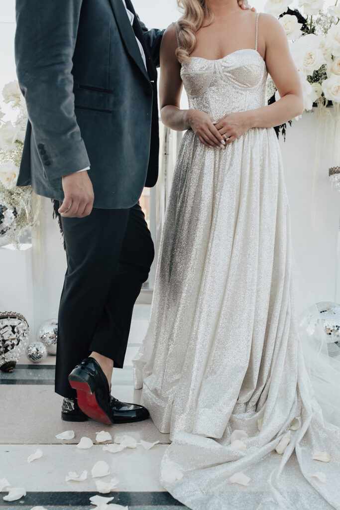 Bride, Groom, White florals, Wedding, Rooftop, Las Vegas Skyline
