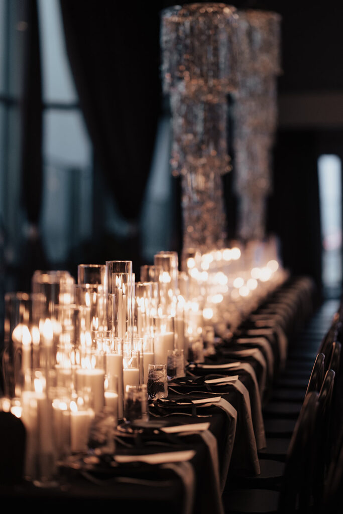 Chandelier, black linen, candlelight, reception, wedding, Palms Casino