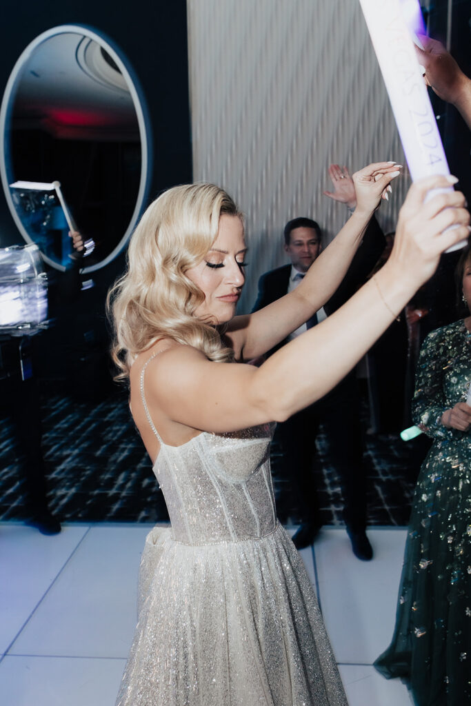 Bride, reception, dance floor, lights, mirror, chrome wall, Palms casino