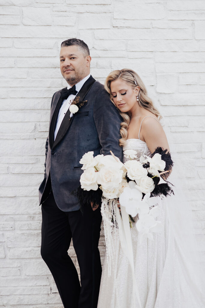 Bride, Groom, White florals, Wedding, White wall, Las Vegas